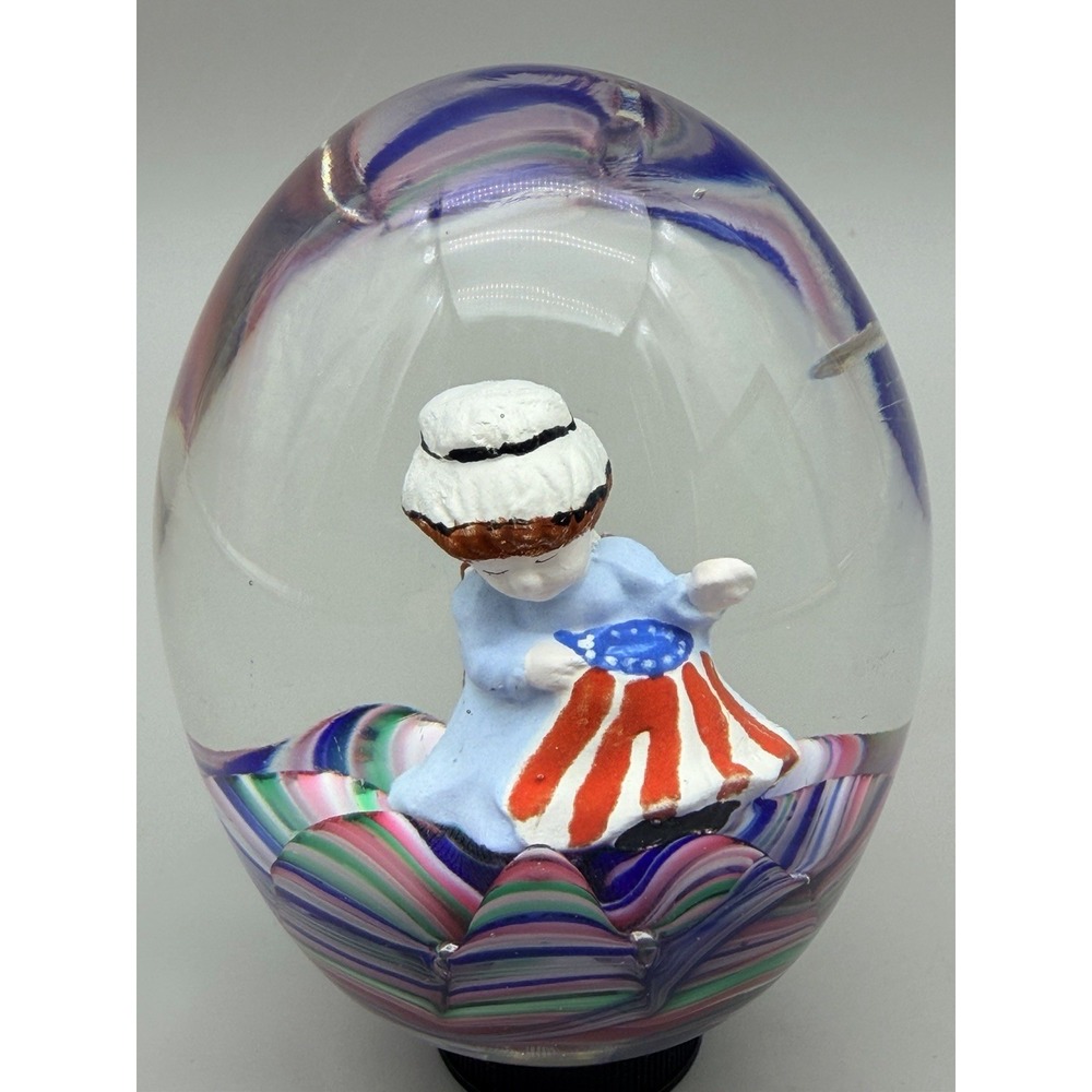 Rare Joe St Clair Betsy Ross Sulphide Art Glass Paperweight Patriotic Flag